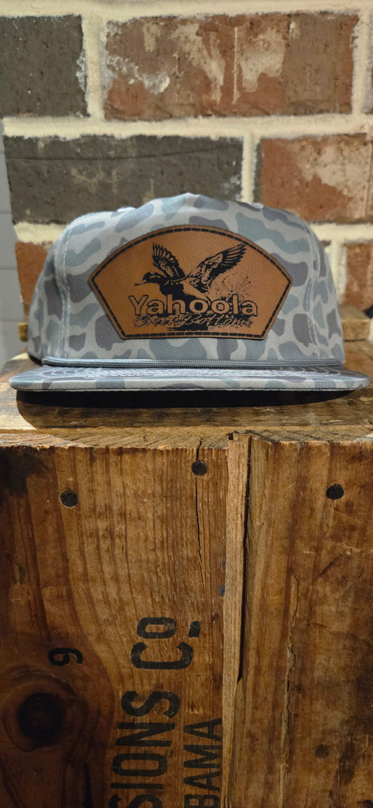 Light blue and gray duck camo rope hat