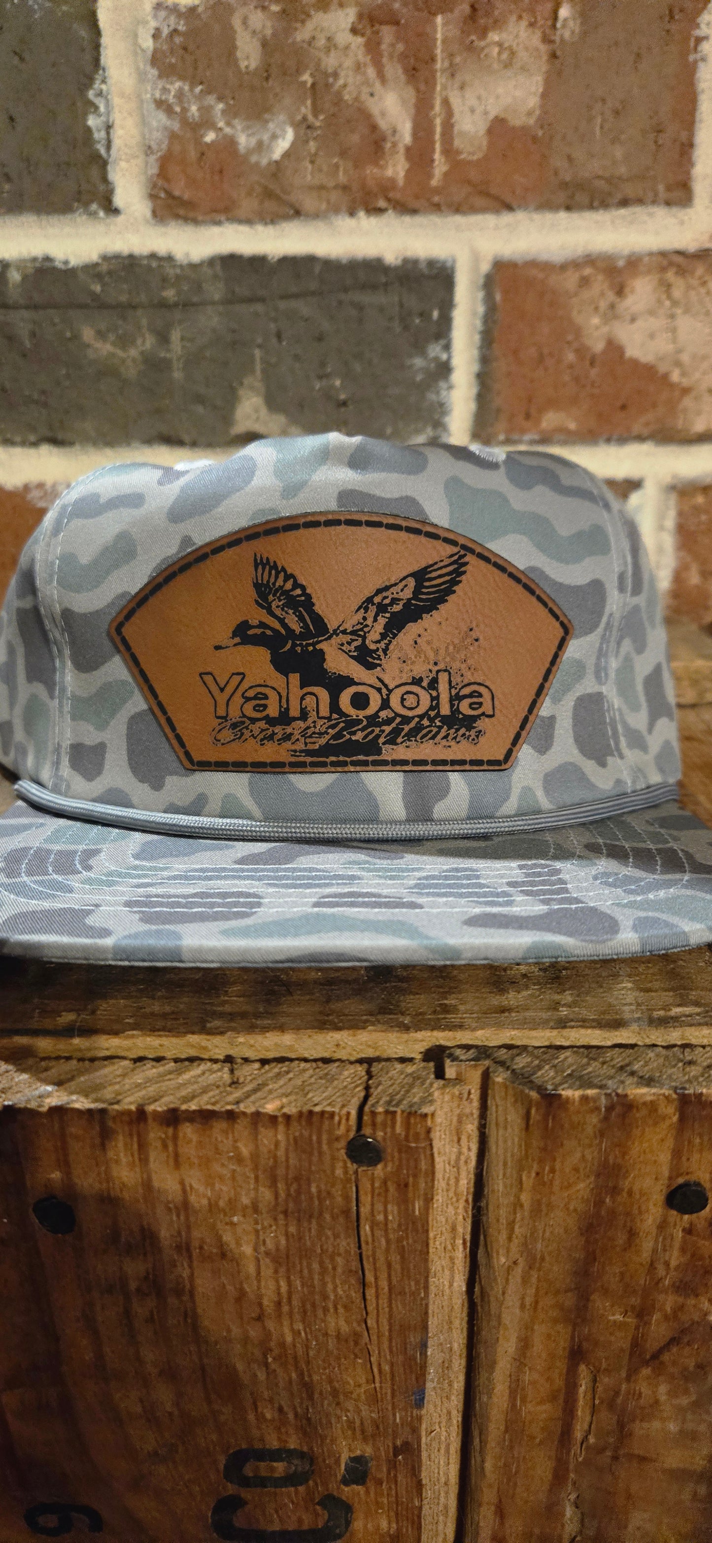 Light blue and gray duck camo rope hat